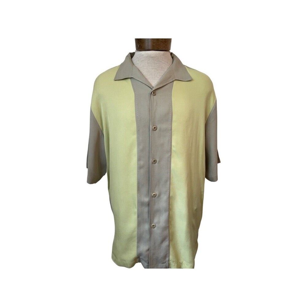 Nat Nast Luxury Original - Mens L 100% Silk Short Sleeve Shirt  Blue Ivory -